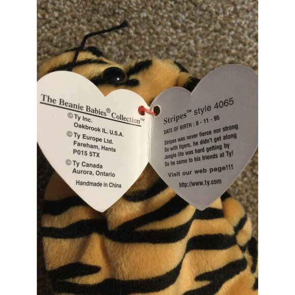 VINTAGE * TY BeanieBaby Plush - 1995 STRIPES Tiger - Picture 5 of 9